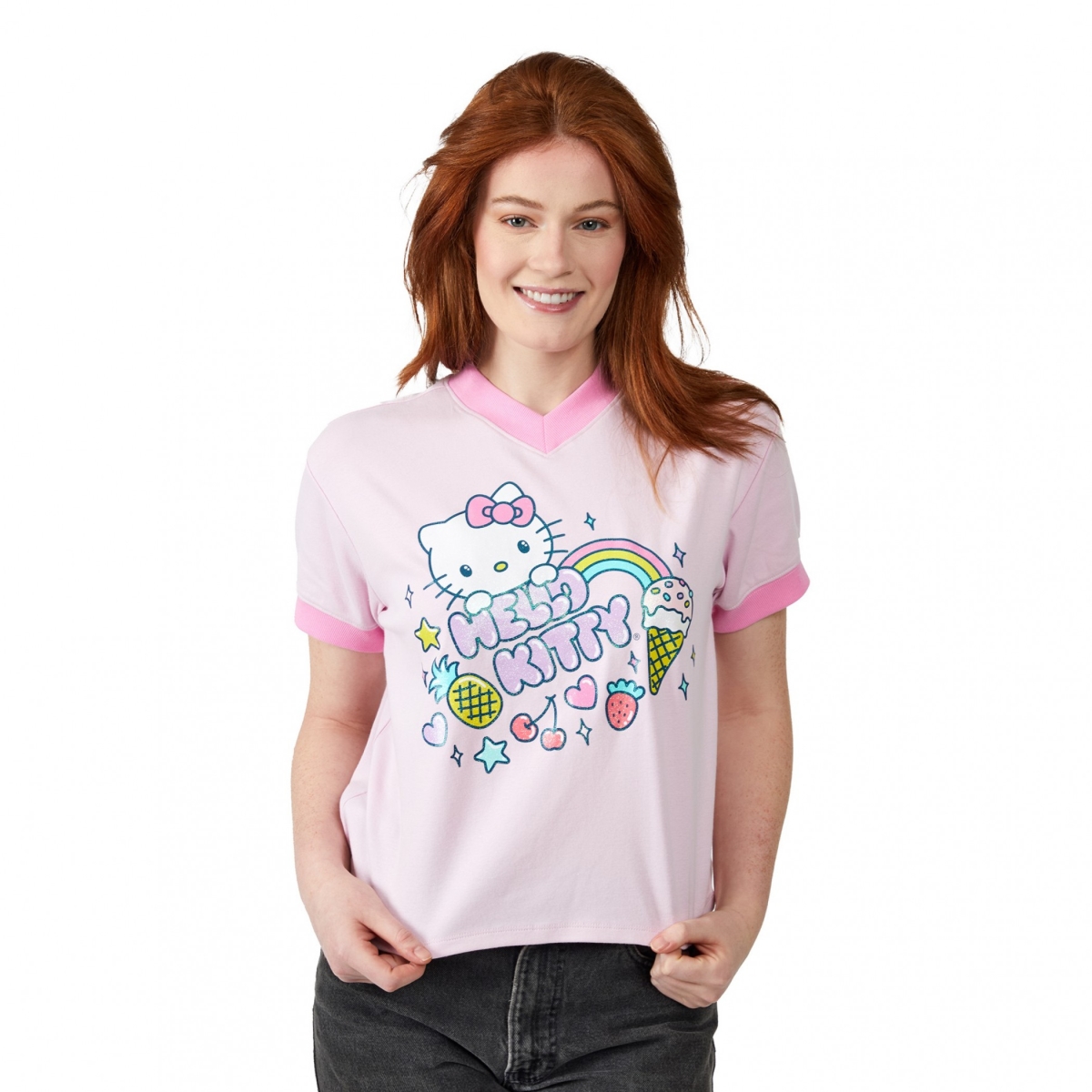 884178-large Glitter Sweets V-Neck Ringer T-Shirt - Large