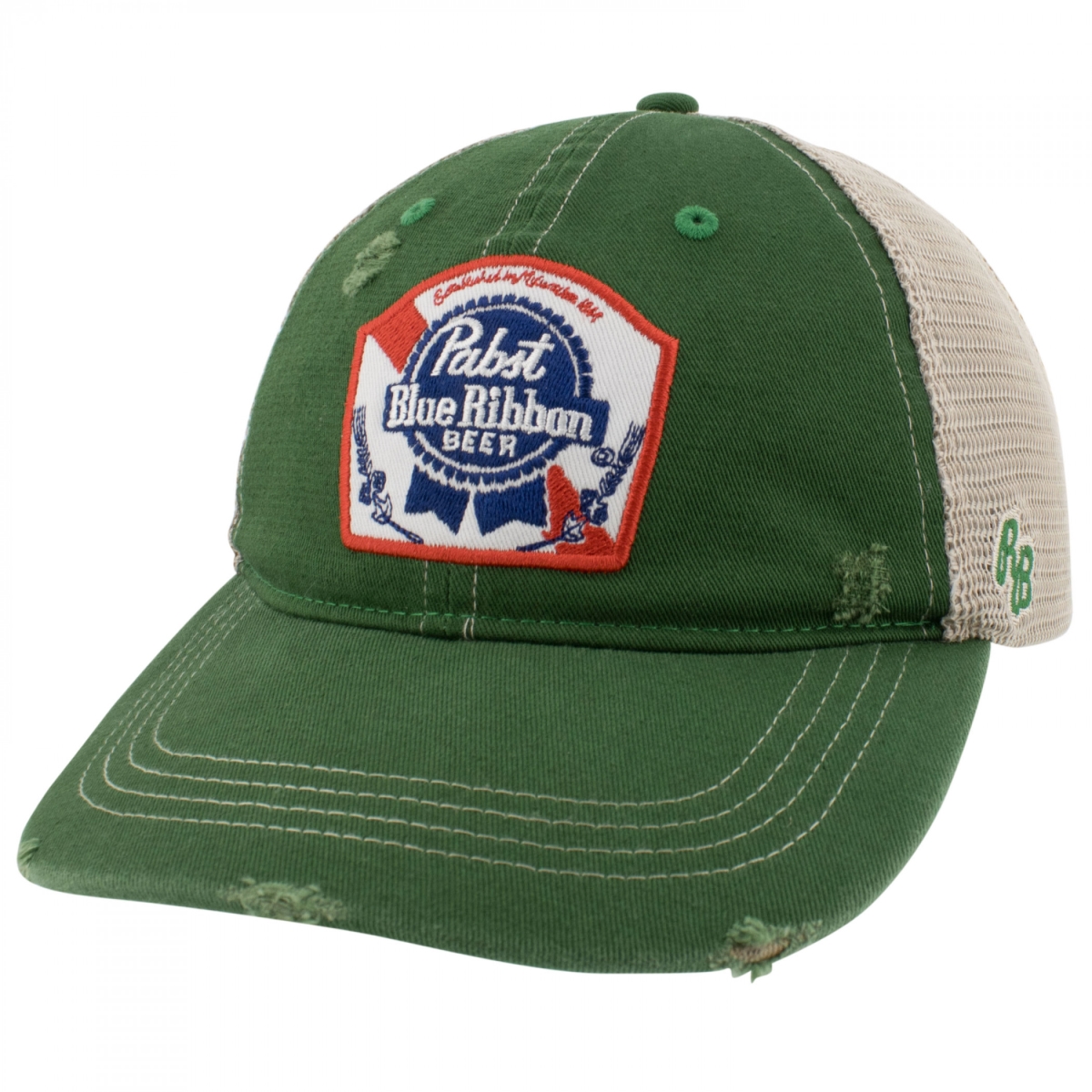Embroidered Logo Distressed Green Denim Trucker Hat