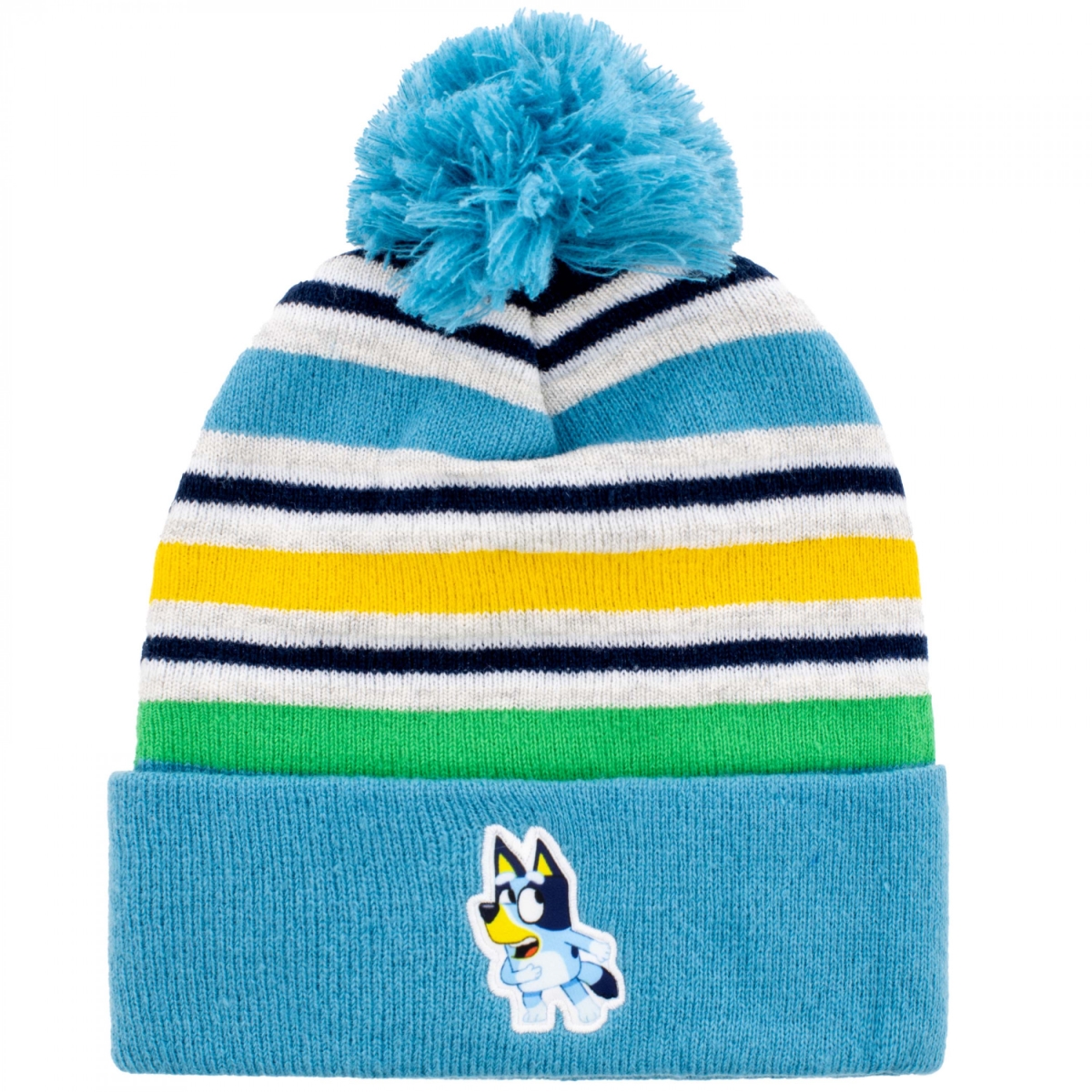 898219 Blue Striped Big Kid Pom Cuffed Beanie