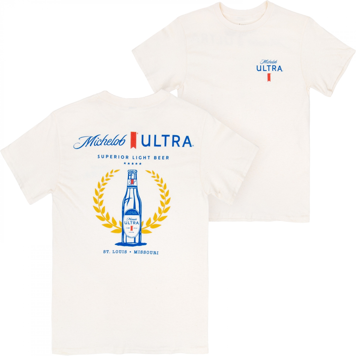 901915-medium Mens Ultra Superior Light Beer Front & Back Print Short Sleeve T-Shirt, Beige - Medium