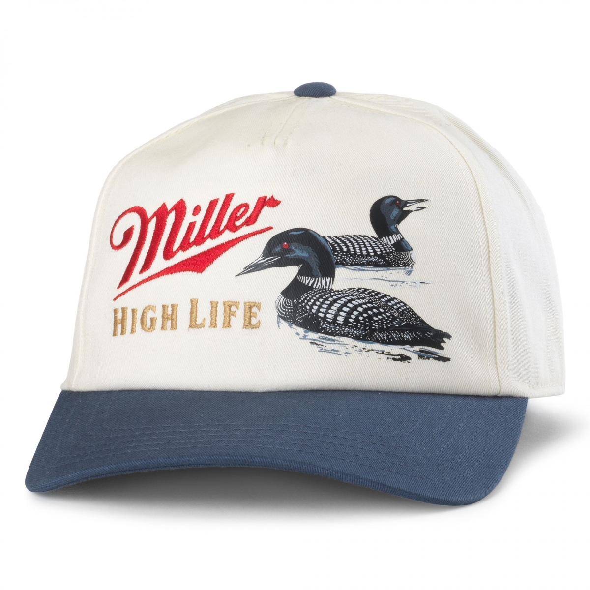 895868 Miller Welcome to the High Life Loons Twill Roscoe Adjustable Hat, White & Blue