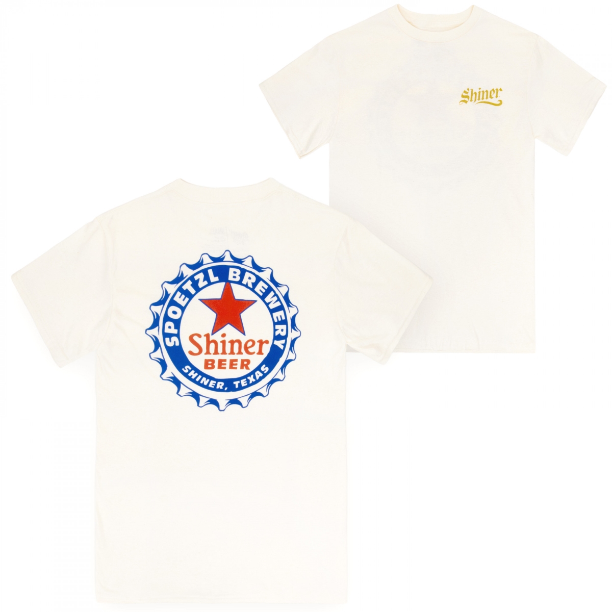 901939-2xlarge Shiner Bock Bottle Cap Design on Sand Beige Front & Back Print T-Shirt, 2XL