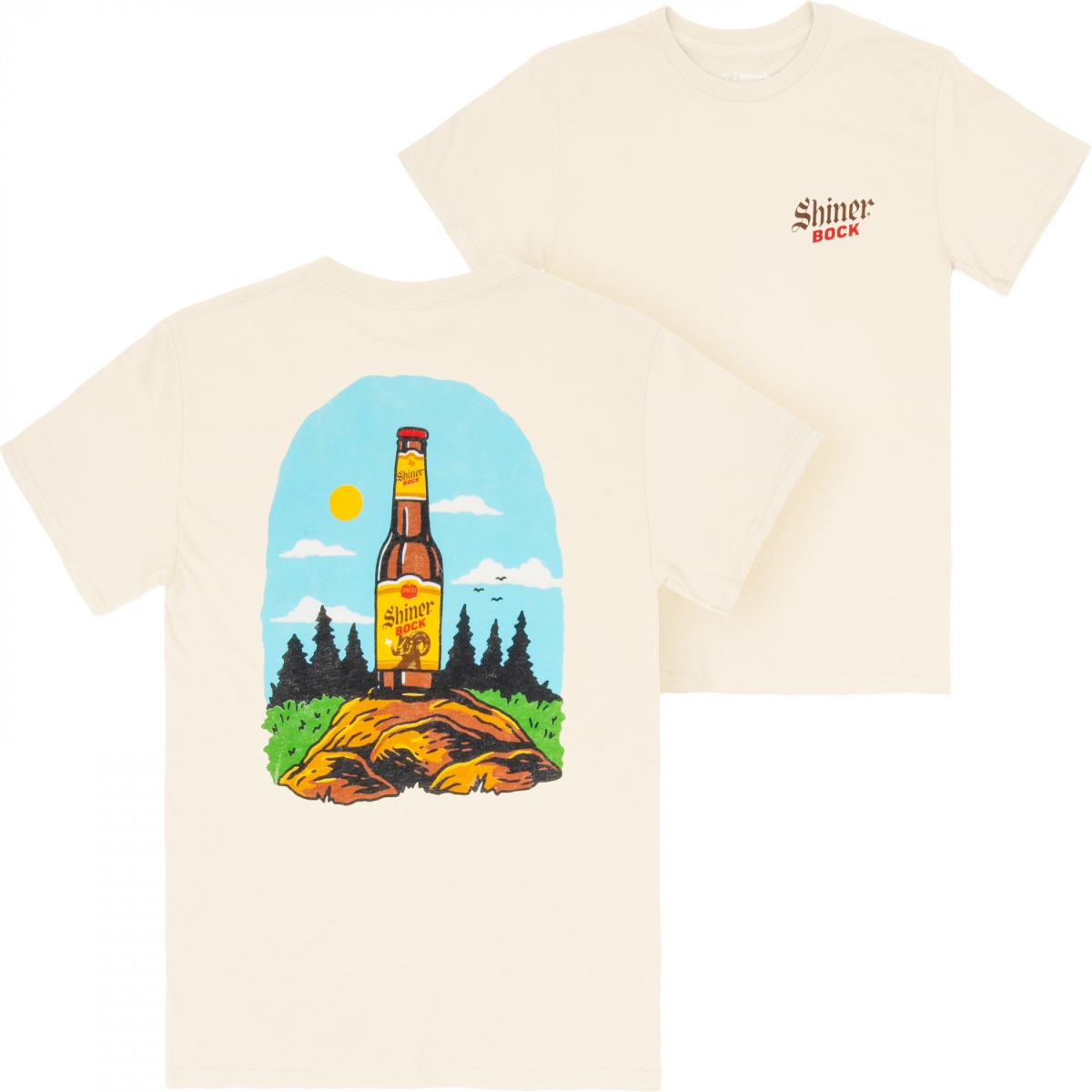 901925-small Shiner Bock Blue Sky Outdoors Front & Back Print T-Shirt, Beige - Small