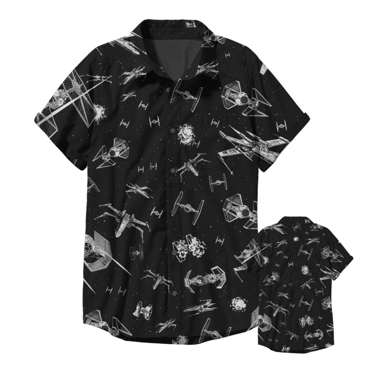 903297-medium  Ships in Space Button Down Short Sleeve Shirt, Black - Medium