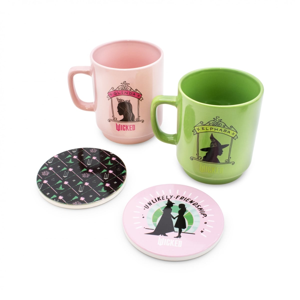 Picture of Wicked 896627 Wicked Elphaba & Glinda Stackable Mugs & Coaster Set, Pink & Green