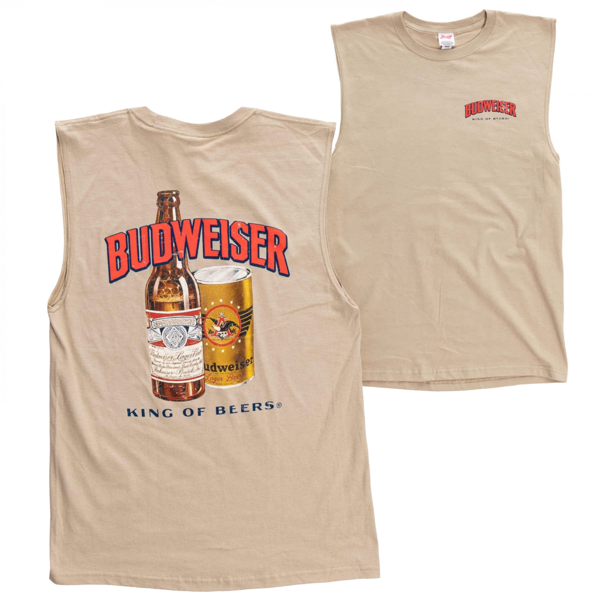 904391-medium  King of Beers Front & Back Print Mens Sleeveless Shirt, Beige - Medium