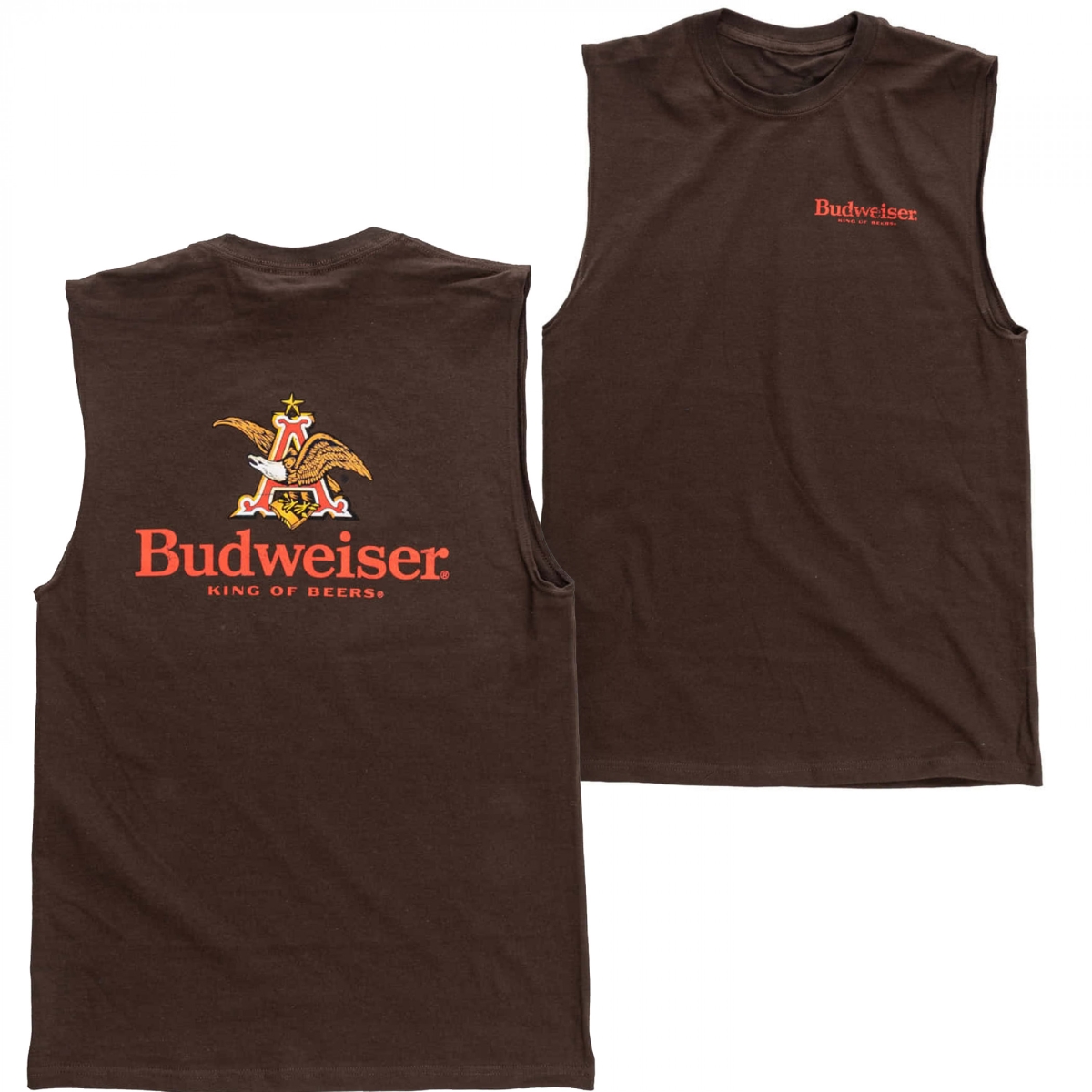 904398-medium  Anheuser Logo Front & Back Print Mens Sleeveless Shirt, Brown - Medium