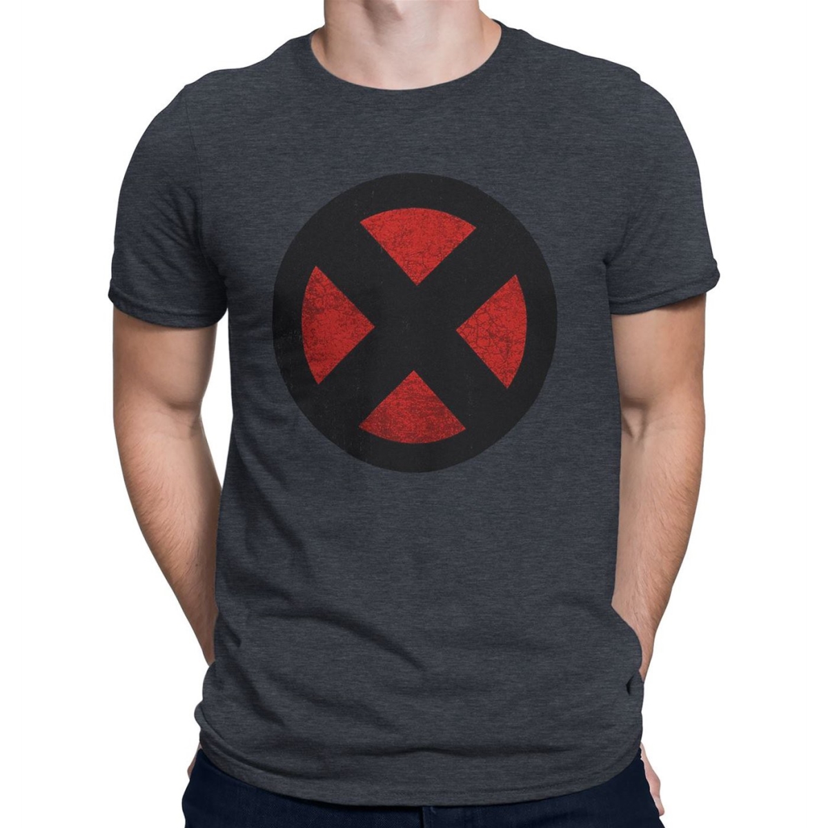 tsxmnsymdistL  Distressed Symbol Grey T-Shirt - Large -  X-Men