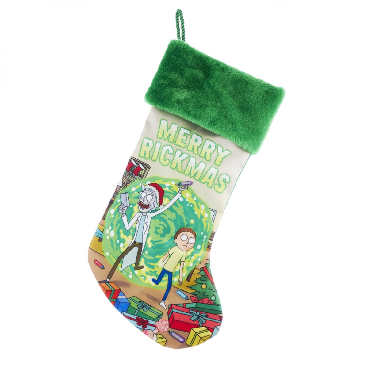 112798  Green Satin Merry Rickmas Stocking