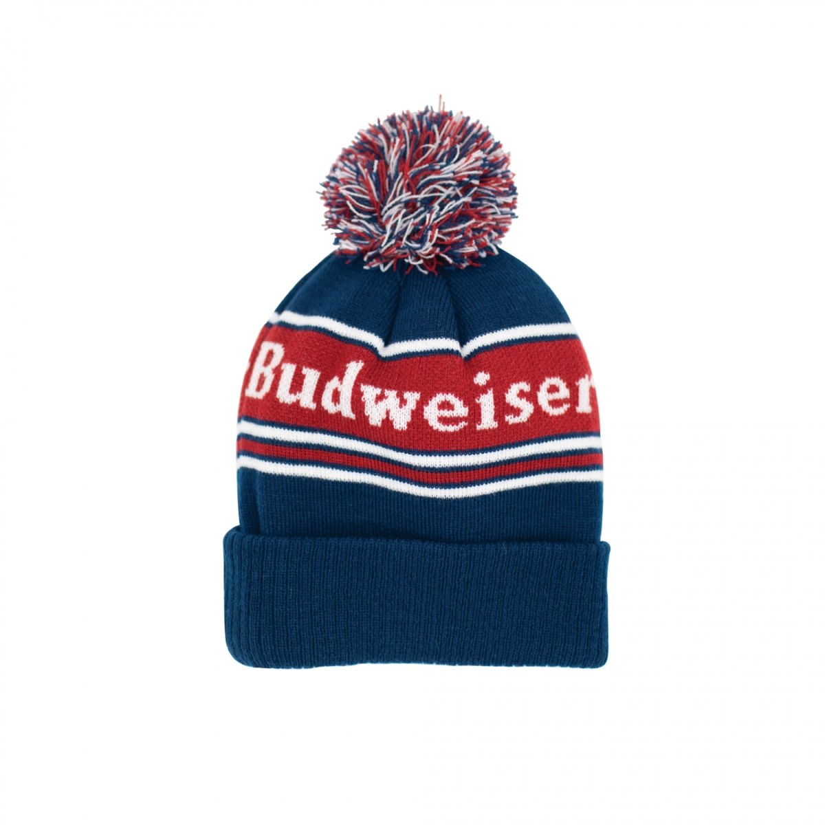 Picture of Budweiser 814175 Budweiser Label Text Patch Pom Knit Cuff Beanie