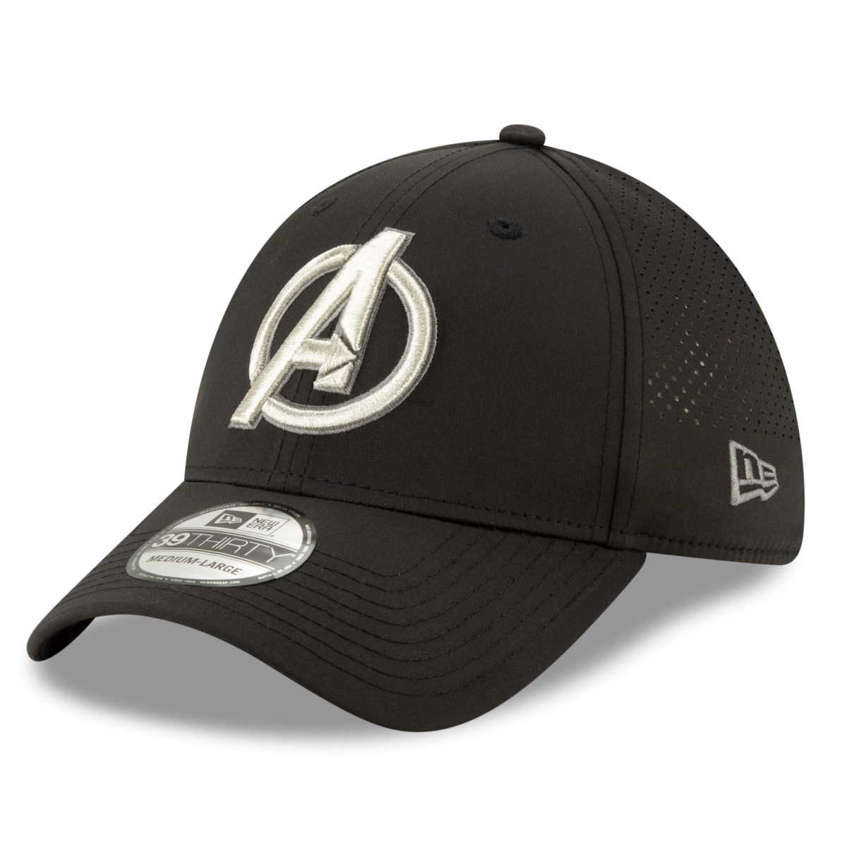 Picture of Avengers 810120-large-xlarge Avengers Silver Symbol Perforated for Play New Era 39Thirty Fitted Hat&#44; Large & Extra Large