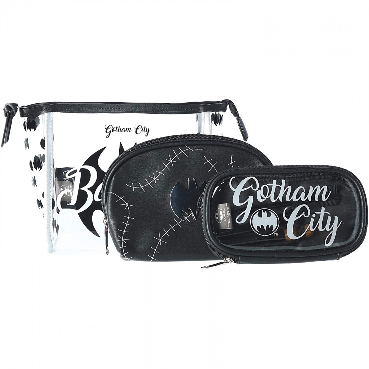 Picture of Batman 829814 Batman Cosmetic Makeup Bag Set&#44; Black & White - 3 Piece