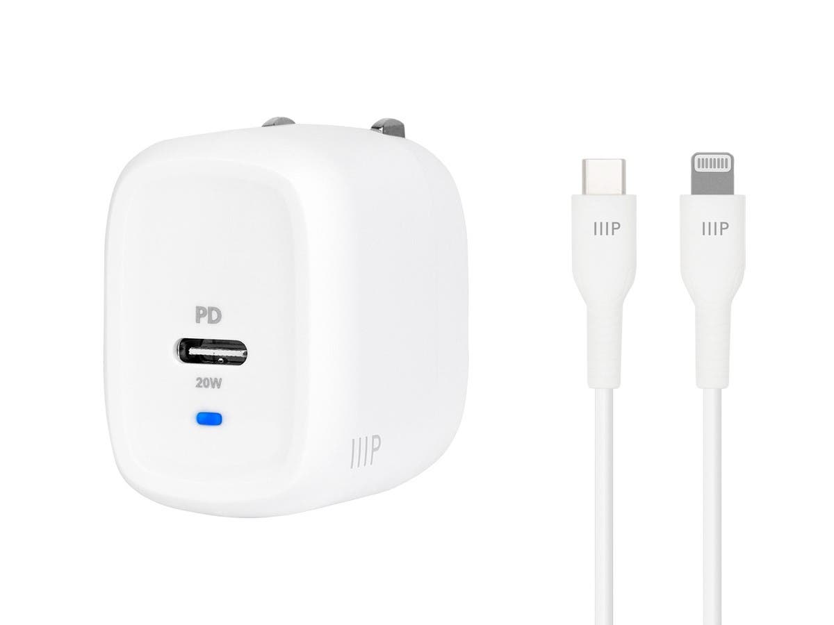 Picture of Monoprice 42264 iPhone Pro Charging Bundle with 4 ft. Rapid Charge Cable & 20W 1-port PD GaN Technology Foldable Wall Charger Power Delivery for iPad iPhone 12&#44; 11&#44; Pro&#44; Max&#44; XR&#44; XS&#44; X&#44; White