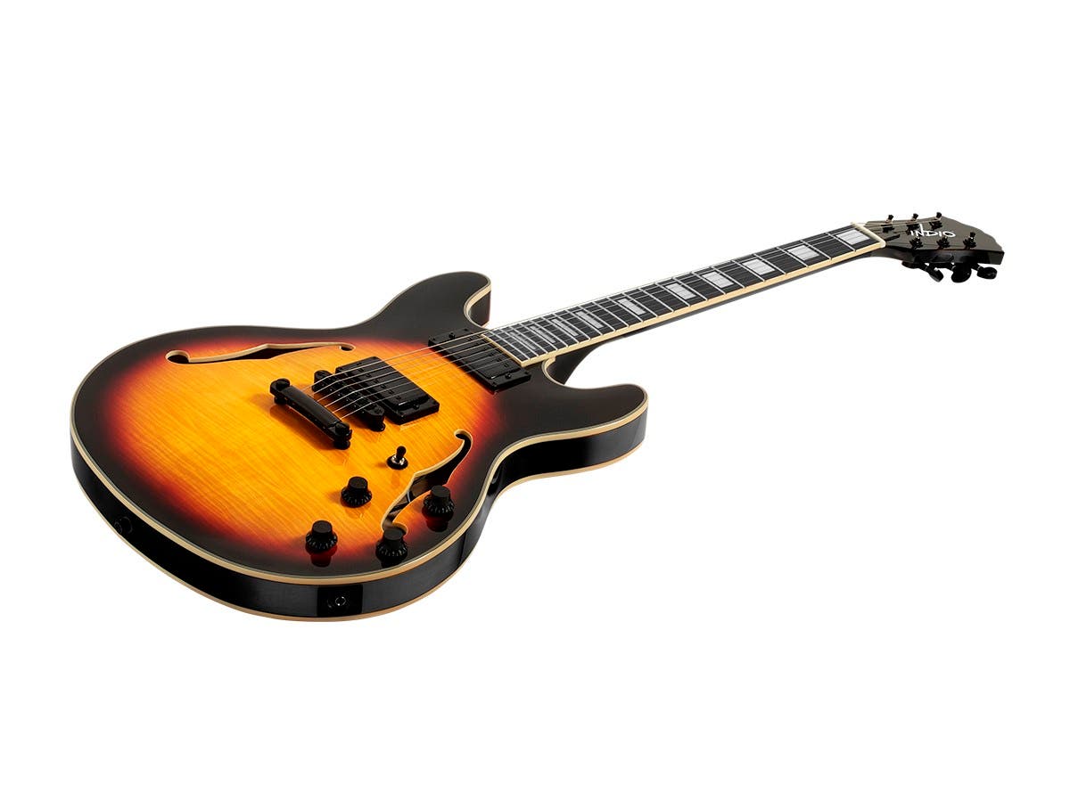 610503 Indio Boardwalk Flamed Maple Hollow Body Electric Guitar with Gig Bag, Sunburst -  Monoprice