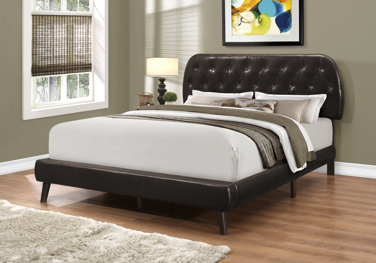 I 5982Q Brown Leather-Look Bed with Wood Legs - Queen Size -  Monarch Specialties