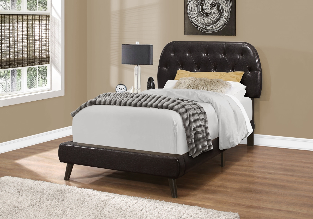 I 5982T Brown Leather-Look Bed with Wood Legs - Twin Size -  Monarch Specialties