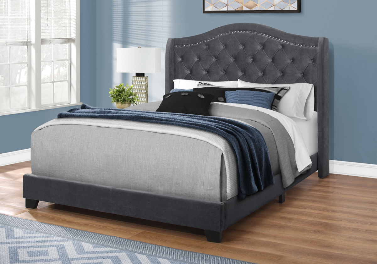 I 5968Q Dark Grey Velvet Chrome Trim Queen Size Bed -  Monarch Specialties