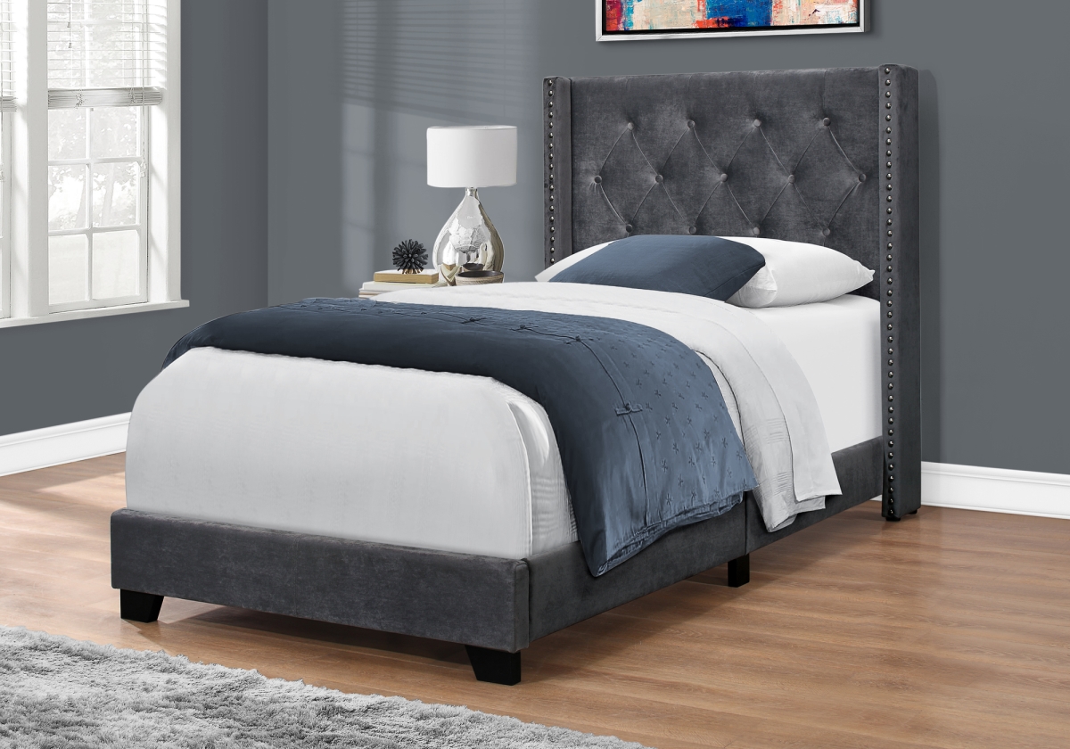 I 5986T Twin Size Bed - Dark Grey Velvet with Chrome Trim -  Monarch Specialties