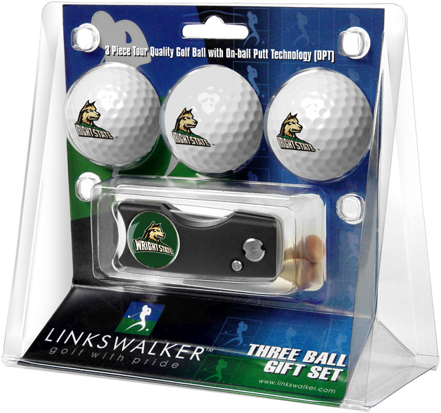 LinksWalker Wright State Raiders 3 Golf Ball Gift Pack with Spring Action Divot Tool and Ball Marker