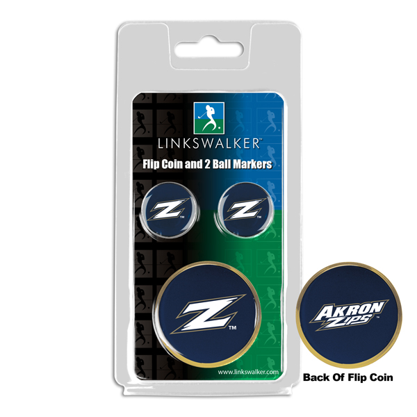 Picture of Links Walker LW-CO3-AKR-FLIP2BM NCAA Akron Zips - Flip Decision Heads & Tails Coin & 2 Golf Ball Marker Pack&#44; Gold