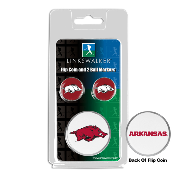 Picture of Links Walker LW-CO3-ARR-FLIP2BM NCAA Arkansas Razorbacks - Flip Decision Heads & Tails Coin & 2 Golf Ball Marker Pack&#44; Silver