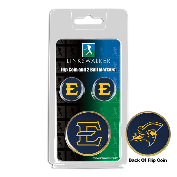 Picture of Links Walker LW-CO3-ETB-FLIP2BM NCAA East Tennessee State Buccaneers - Flip Decision Heads & Tails Coin & 2 Golf Ball Marker Pack&#44; Gold