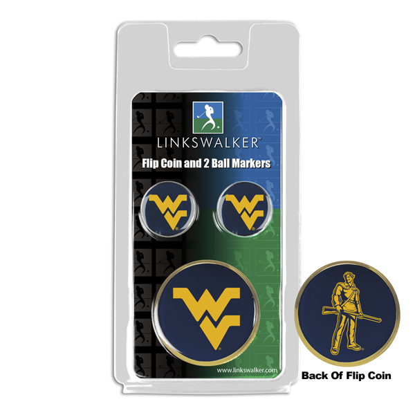 Picture of Links Walker LW-CO3-WVM-FLIP2BM NCAA West Virginia Mountaineers - Flip Decision Heads & Tails Coin & 2 Golf Ball Marker Pack&#44; Gold