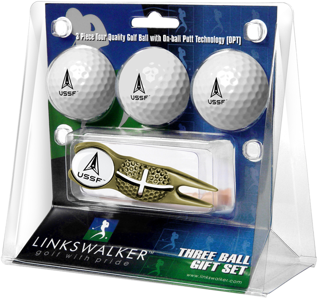 Picture of Links Walker LW-MIL-USSF-3PKX-G NCAA United States Space Force - 3 Golf Ball Gift Pack with Gold Crosshair Divot Repair Tool