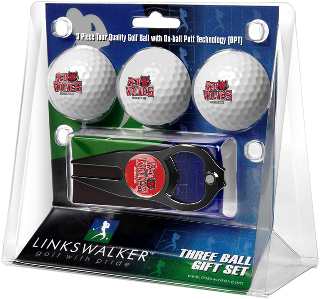Picture of Links Walker LW-CO3-ASI-3PKTB NCAA Arkansas State Red Wolves - 3 Golf Ball Gift Pack with Hat Trick Divot Repair Tool&#44; Black