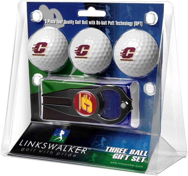 Picture of Links Walker LW-CO3-CMU-3PKTB NCAA Central Michigan Chippewas - 3 Golf Ball Gift Pack with Hat Trick Divot Repair Tool&#44; Black
