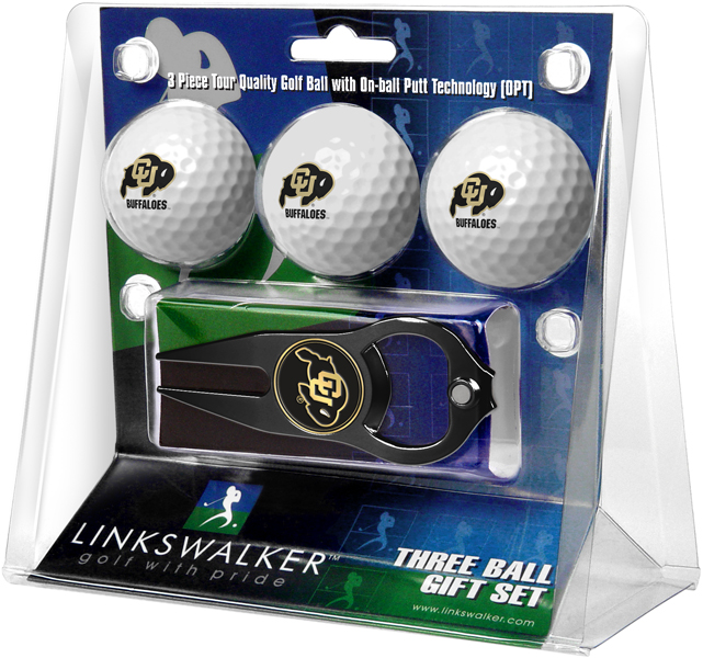 Picture of Links Walker LW-CO3-COB-3PKTB NCAA Colorado Buffaloes - 3 Golf Ball Gift Pack with Hat Trick Divot Repair Tool&#44; Black