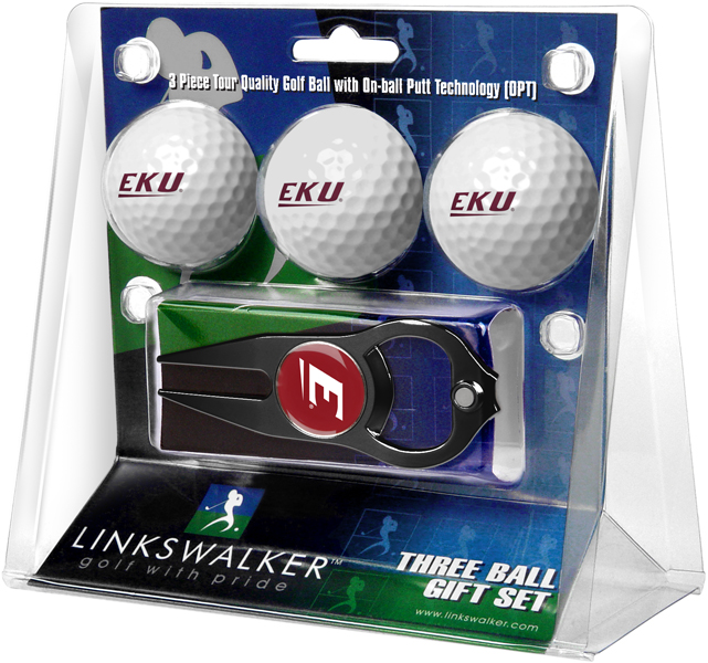 Picture of Links Walker LW-CO3-EKU-3PKTB NCAA Eastern Kentucky Colonels - 3 Golf Ball Gift Pack with Hat Trick Divot Repair Tool&#44; Black