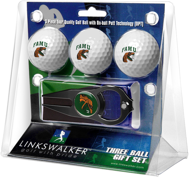 Picture of Links Walker LW-CO3-FAR-3PKTB NCAA Florida A&M Rattlers - 3 Golf Ball Gift Pack with Hat Trick Divot Repair Tool&#44; Black