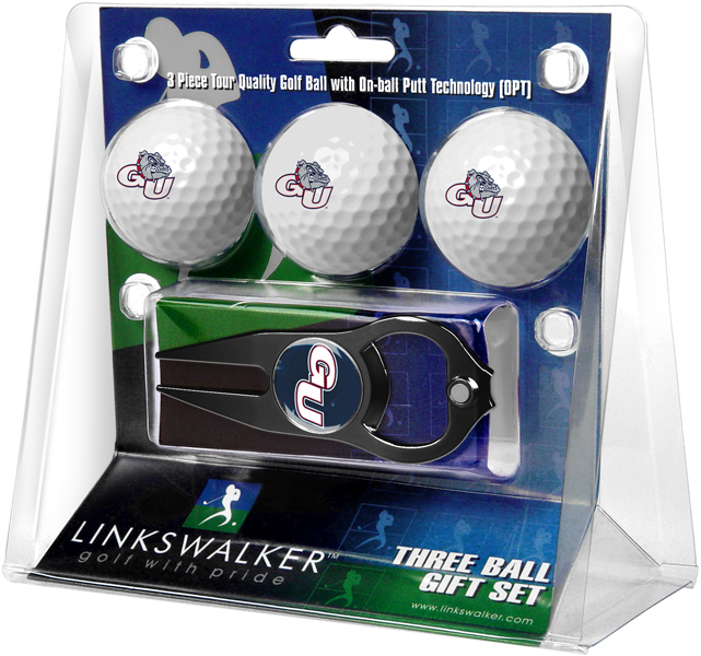 Picture of Links Walker LW-CO3-GNZ-3PKTB NCAA Gonzaga Bulldogs - 3 Golf Ball Gift Pack with Hat Trick Divot Repair Tool&#44; Black