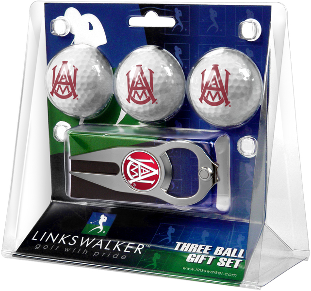 Picture of LinksWalker LW-CO3-AAM-3PKT Alabama A&M Bulldogs-3 Ball Gift Pack with Hat Trick Divot Tool