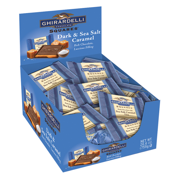 Picture of Imperial Foods GH4153 Dark Chocolate Sea Salt Squares Ghirardelli Chocolate with Caddy - Box of 55