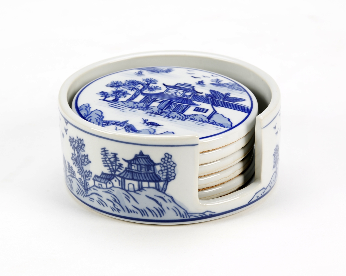 Picture of AA Importing 67070 Blue & White Pagoda Design Coaster&#44; Set of 5
