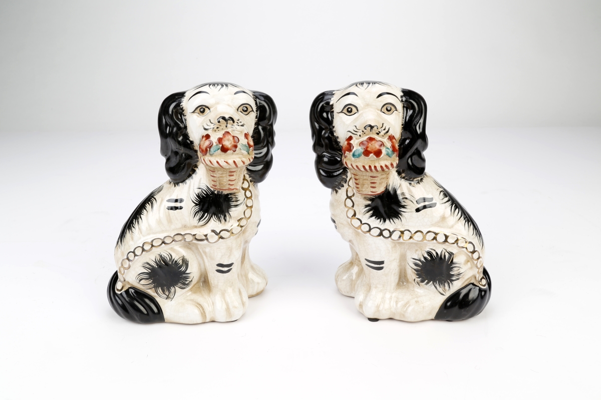 Picture of AA Importing 25648 Black & White Staffordshire Spaniels with Baskets Figurine&#44; Set of 2
