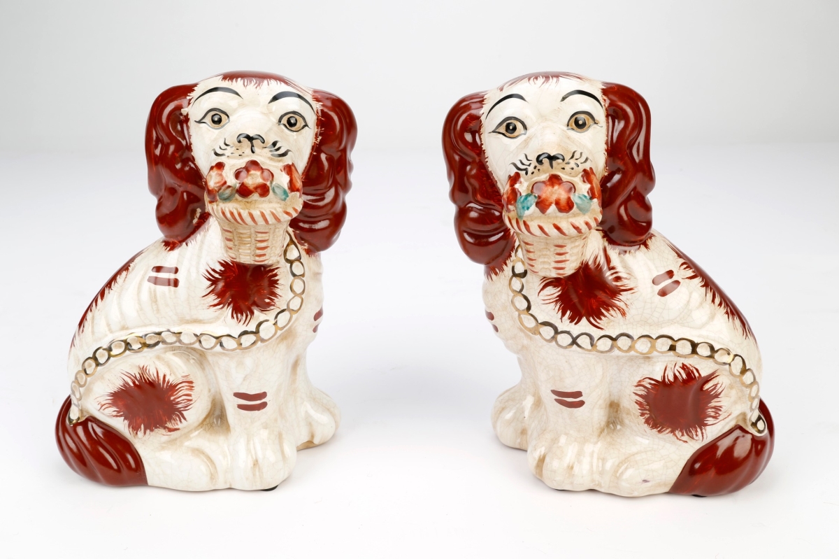 Picture of AA Importing 25649 Rust Brown & White Staffordshire Spaniels Figurine with Baskets&#44; Set of 2