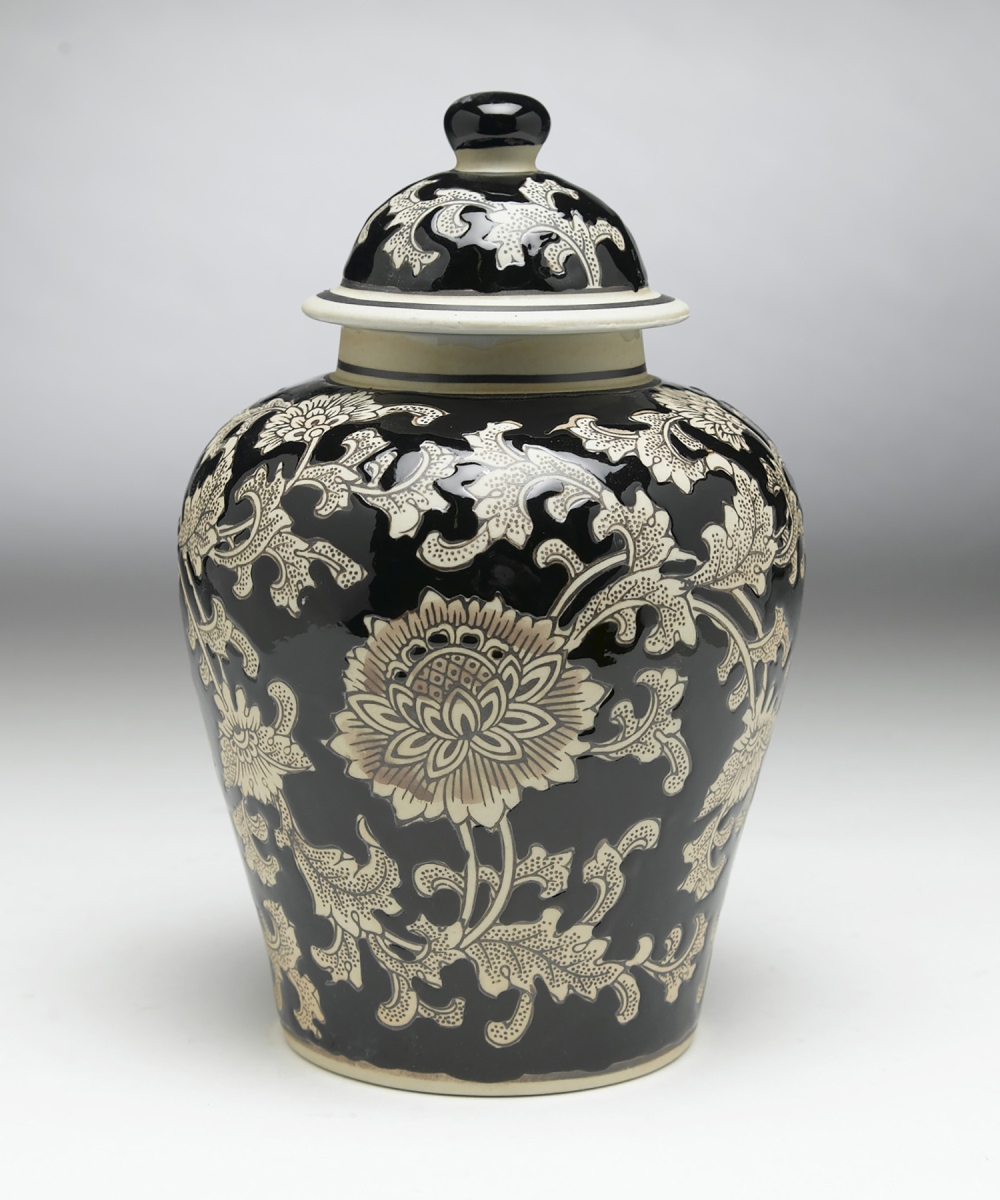 Picture of AA Importing 59727 10 in. Black & Cream Floral Ginger Jar