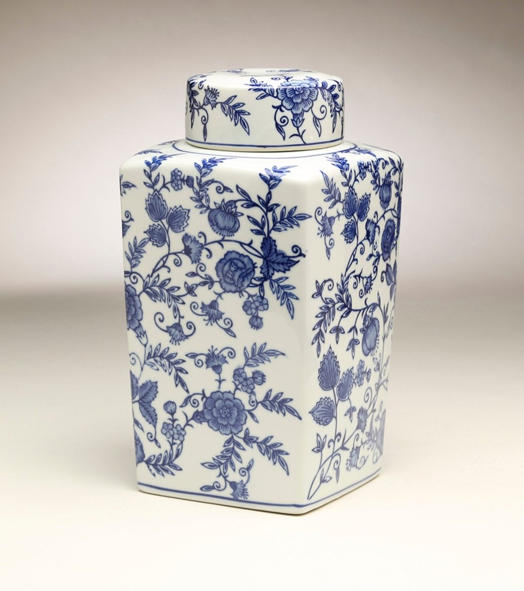 59950 Blue & White Flower & Vine Square Ginger Jar -  AA Importing