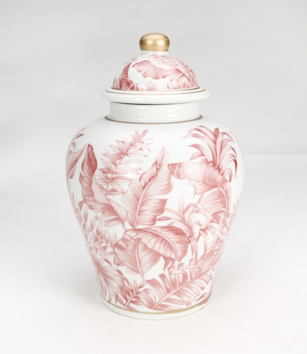Picture of AA Importing 67077 10 in. Tropical Leaf Ginger Jar, Pink with Gold Accents