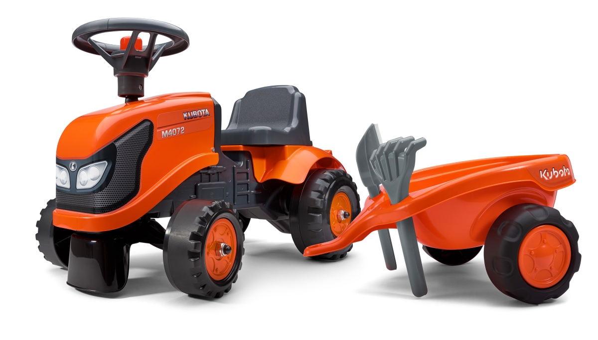 Picture of Falk FA260C Kubota Ride-On & Push-Along Tractor with Trailer & Tools for 1 Year Kids&#44; Orange