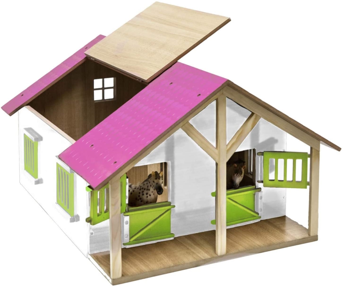 1-24 Scale Horse Stable with 2 Boxes & Workshop - White, Pink & Light Green