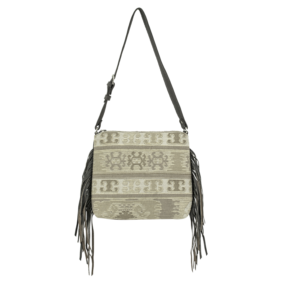 Picture of American West 4004170F Hand Woven Tapestry Zip Top Shoulder Bag with Fringe&#44; Grey