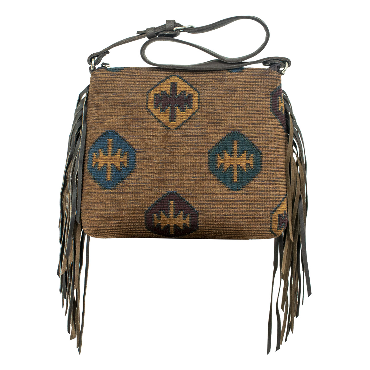 Picture of American West 4007170F Hand Woven Tapestry Zip Top Shoulder Bag with Fringe, Tan
