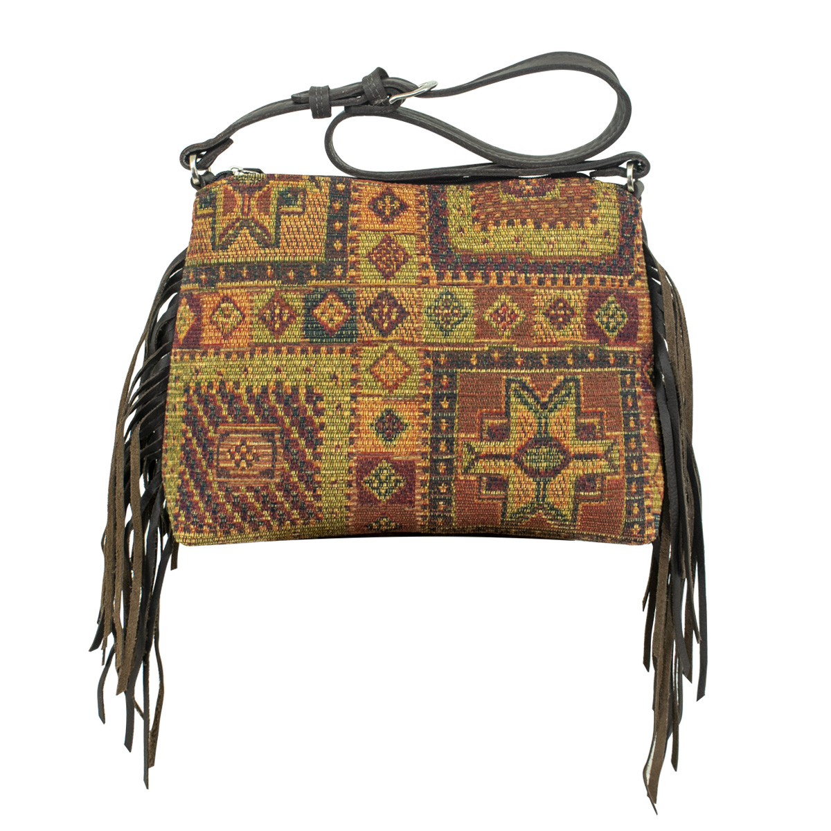Picture of American West 4008170F Hand Woven Tapestry Zip Top Shoulder Bag with Fringe, Multi Color