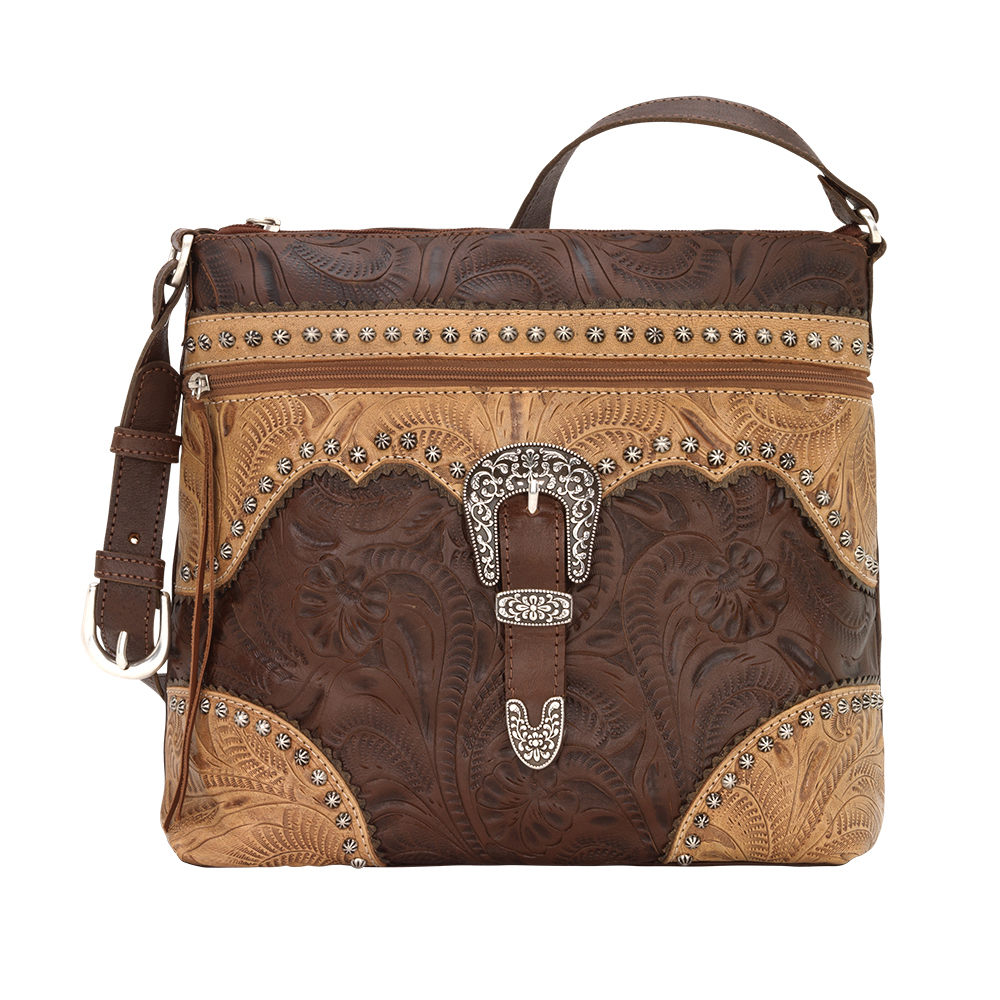 Picture of American West 2685170 Saddle Ridge Zip Top Shoulder Bag&#44; Chestnut Brown&#44; Tan & Distressed Charcoal Brown