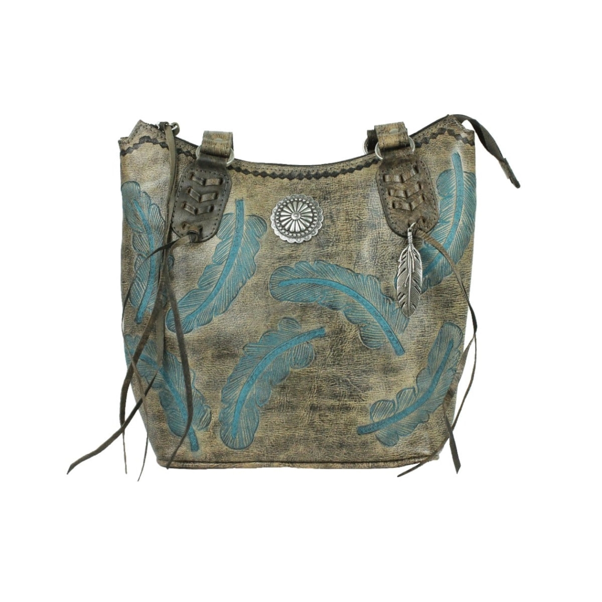 Picture of American West 7570869 Sacred Bird Zip Top Bucket Tote Bag&#44; Charcoal Brown & Turquoise