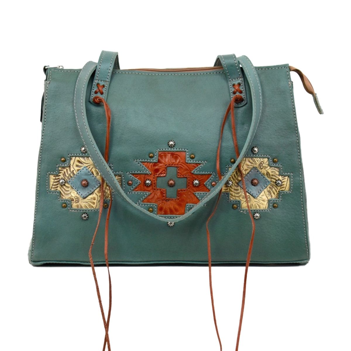 Picture of American West 3478937C Navajo Soul Zip Top Tote Bag with Secret Compartment, Turquoise